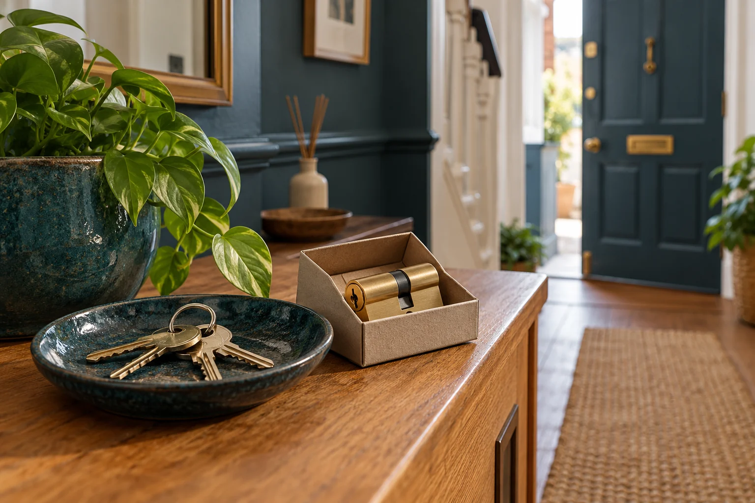 House keys and a new lock cylinder on a hall table